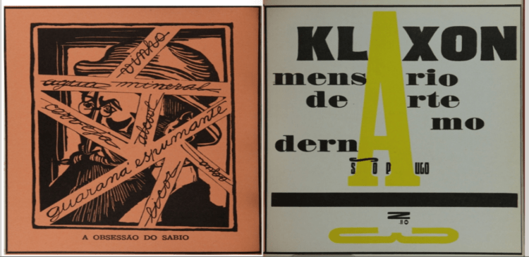 À esquerda, contracapa da Revista Klaxon com gravura A obsessão do sábio e, à direita, capa da Klaxon número 3 com texto Klaxon mensário de arte moderna